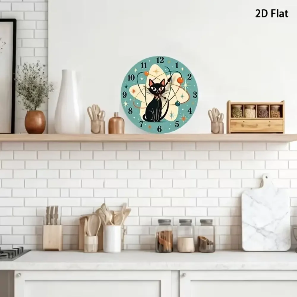 Retro Mid Century Modern Black Cat Wall Clock Printed Teal 10